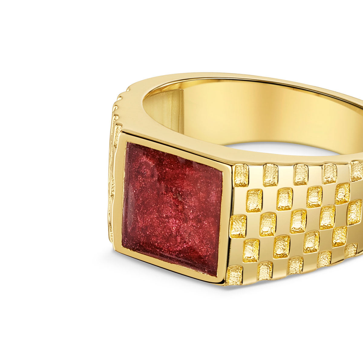 Chequed Square Signet Ashes Resin Ring - Gold