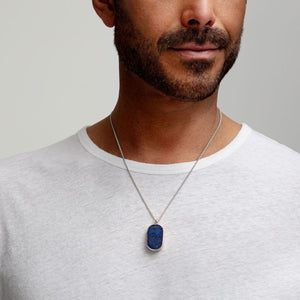 Men's Large Lapis Dog Tag Locket - Silver