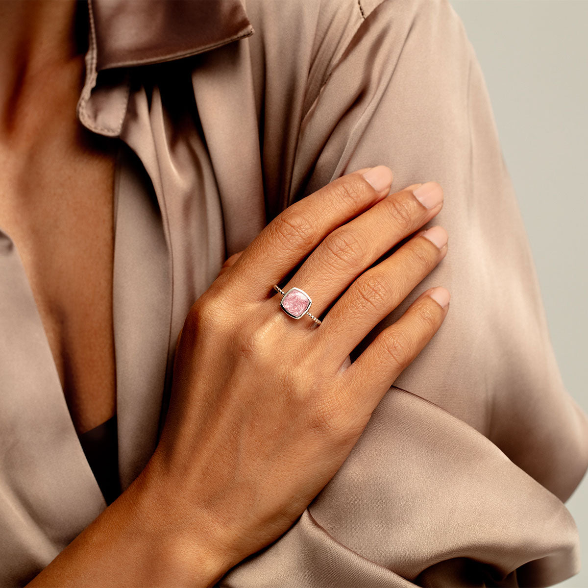 Rounded Square Ashes Resin Ring With Beaded Band - Silver