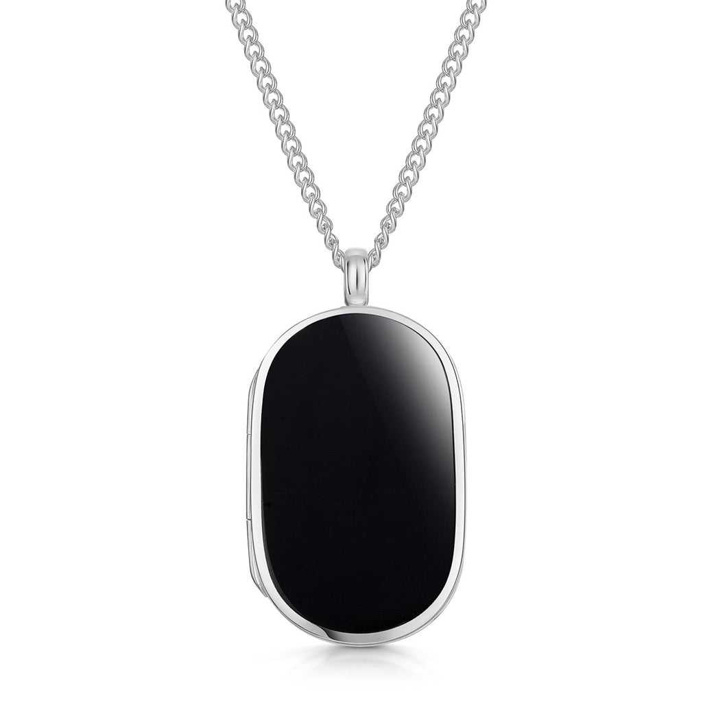 Men's Large Onyx Dog Tag Locket - Silver