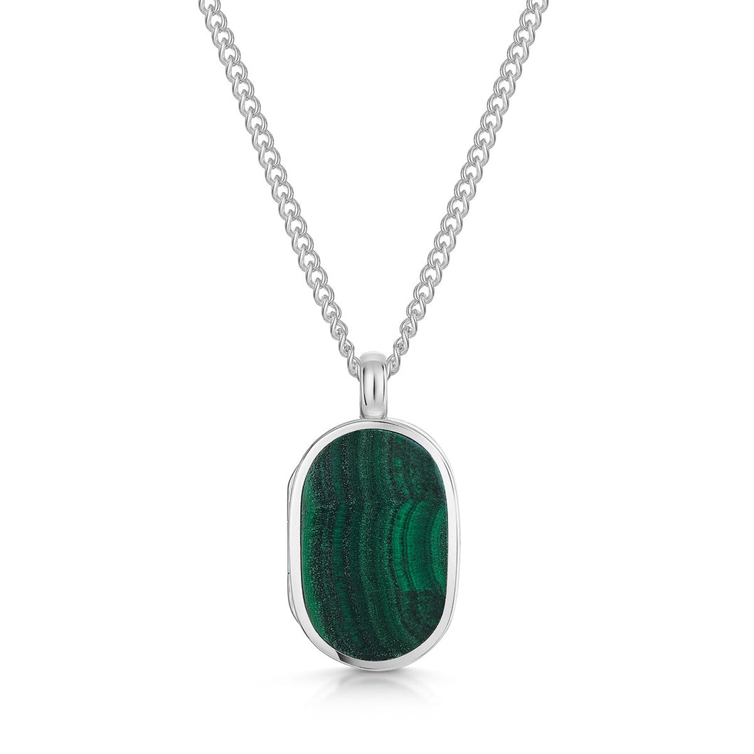 Men's Small Malachite Dog Tag Locket - Silver