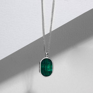 Men's Small Malachite Dog Tag Locket - Silver