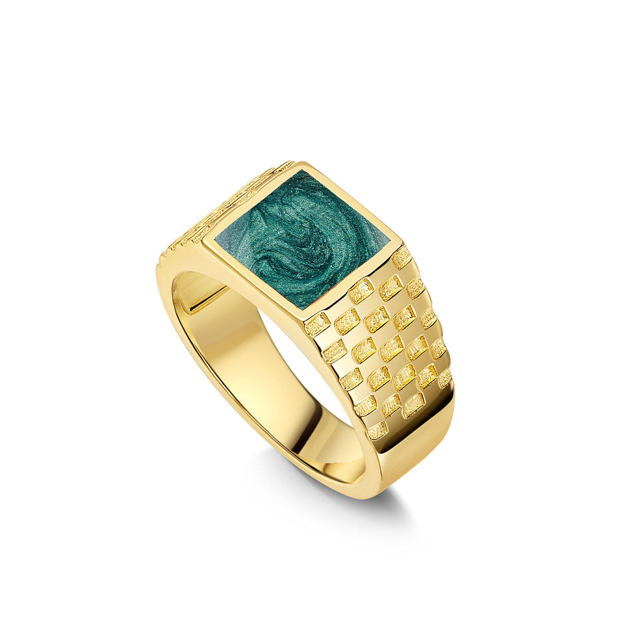 Chequed Square Signet Ashes Resin Ring - Gold