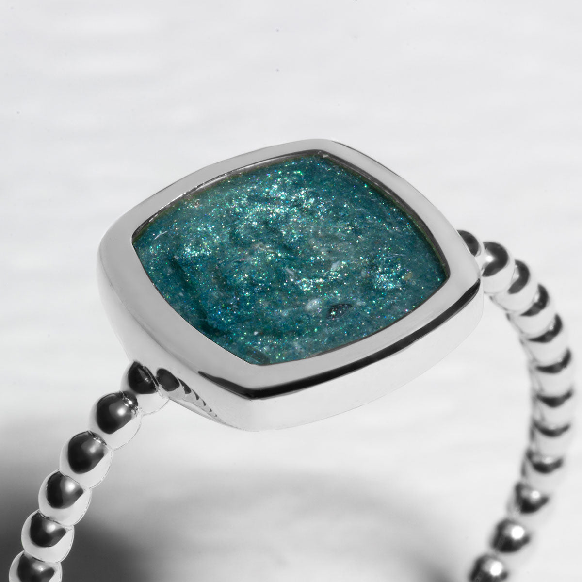 Rounded Square Ashes Resin Ring With Beaded Band - Silver