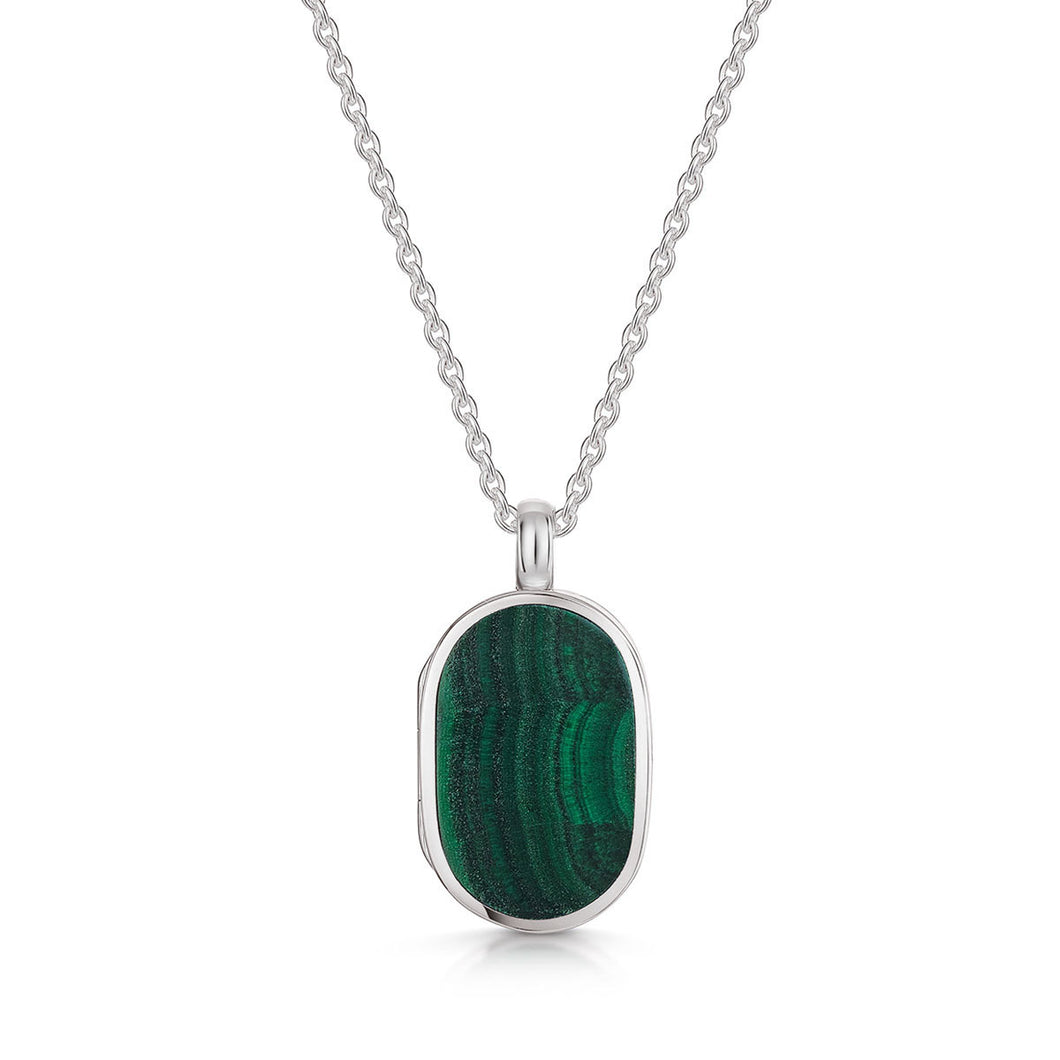 Small Malachite Dog Tag Locket - Silver