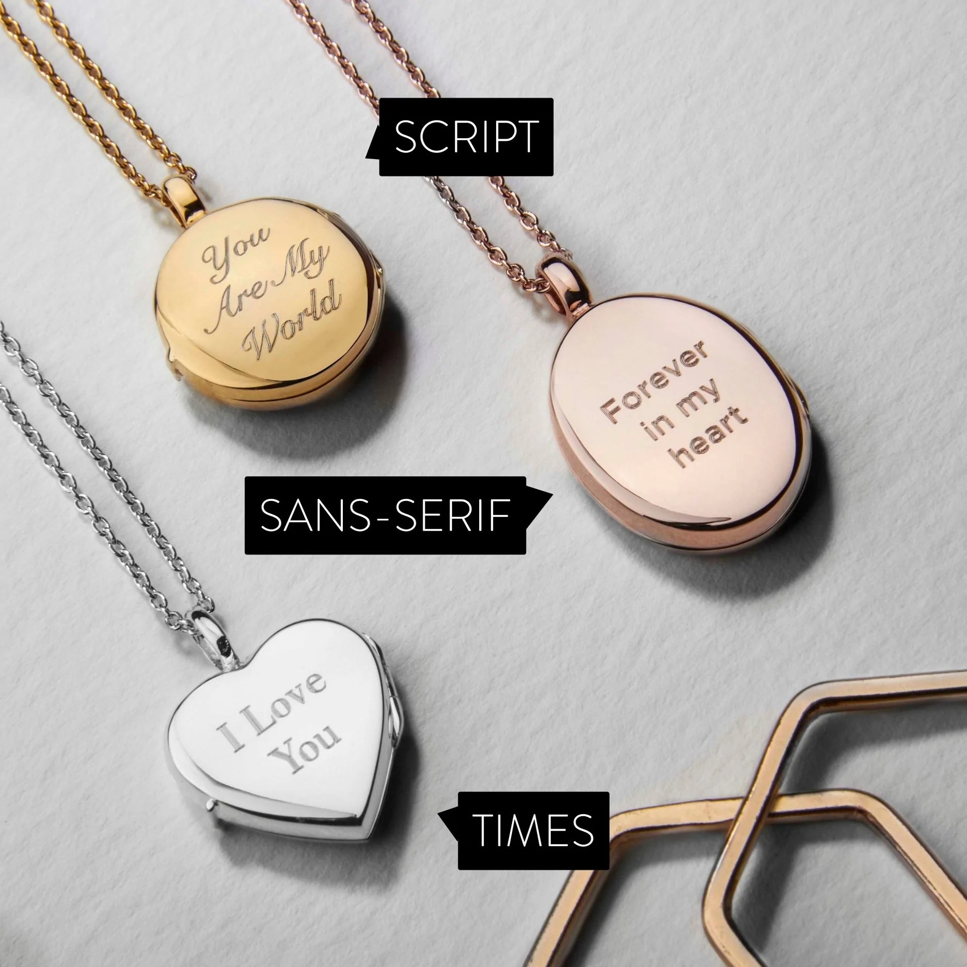 Locket Necklaces: Monogram Trio, Rose Gold, Heart, Engraved Front, Gray by Shutterfly
