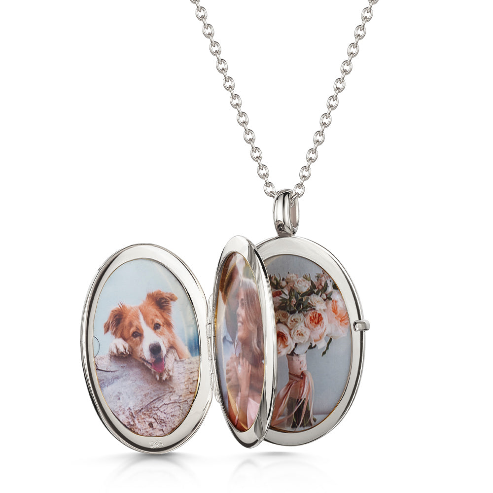 Sterling Silver Engravable Oval Four Picture Locket Necklace